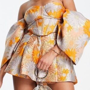 Floral Puff Sleeve Dress with Metallic Accents